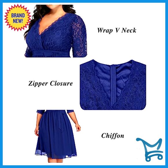 Plus Size Lace Chiffon Wrap V Neck Midi Dress Cocktail Wedding Guest Elegant - Picture 6 of 7